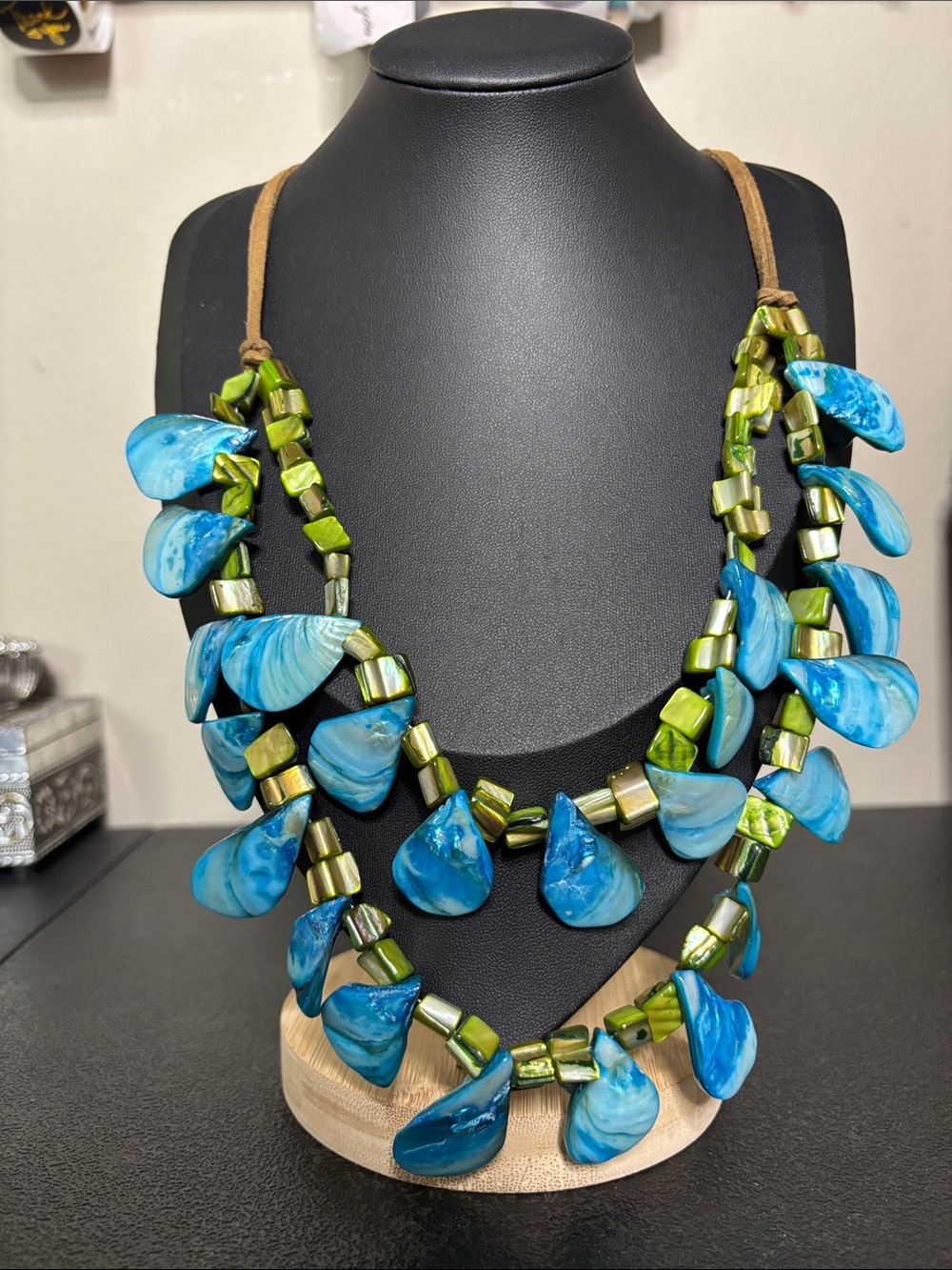Boho Layered Shell Teardrop Blue & Green Statement Leather Statement Necklace